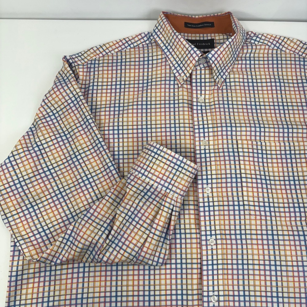 Paul Fredrick Mens Classic Fit Non-Iron Stretch Plaid Button Down Shirt 17.5 35